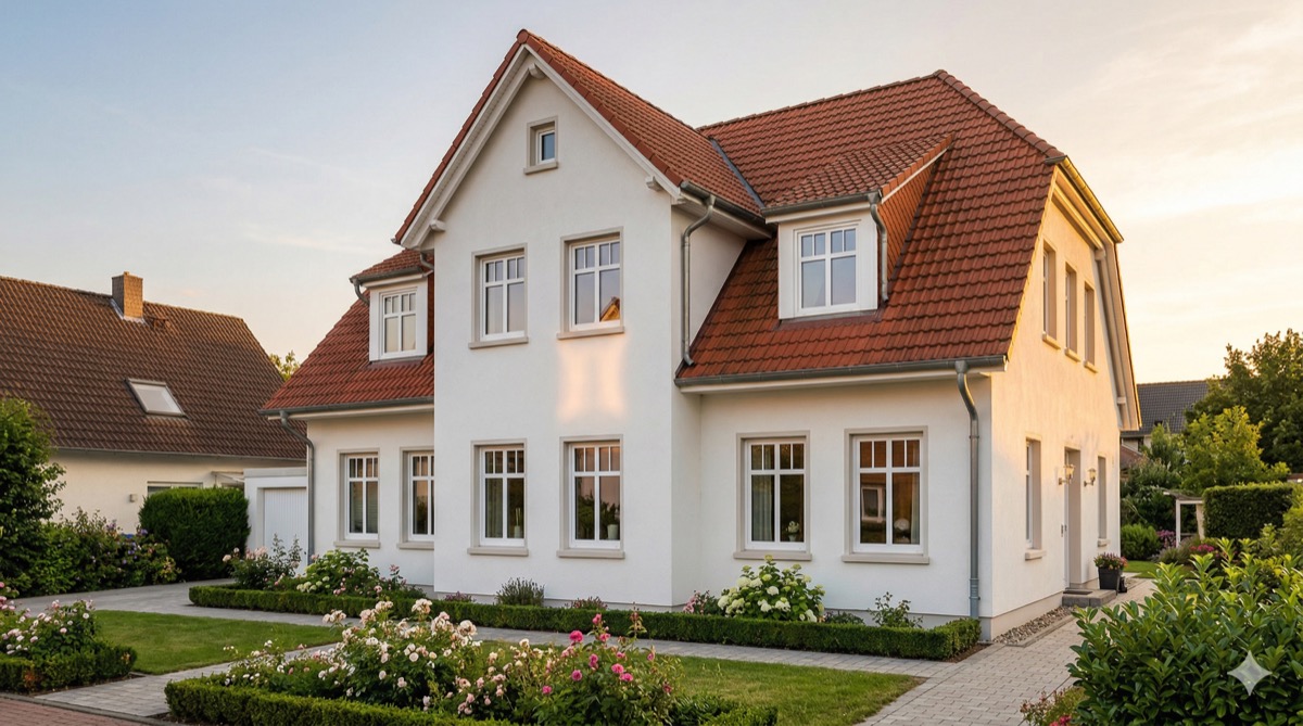 Renoviertes Einfamilienhaus mit neuen weißen Fenstern