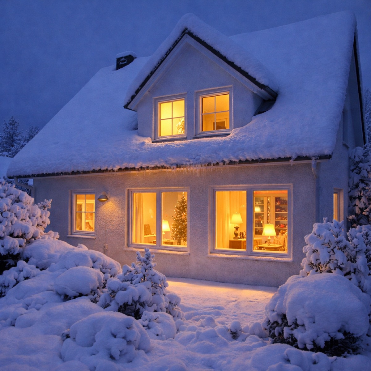 Haus im Winter – warmes Licht strahlt durch neue Fenster