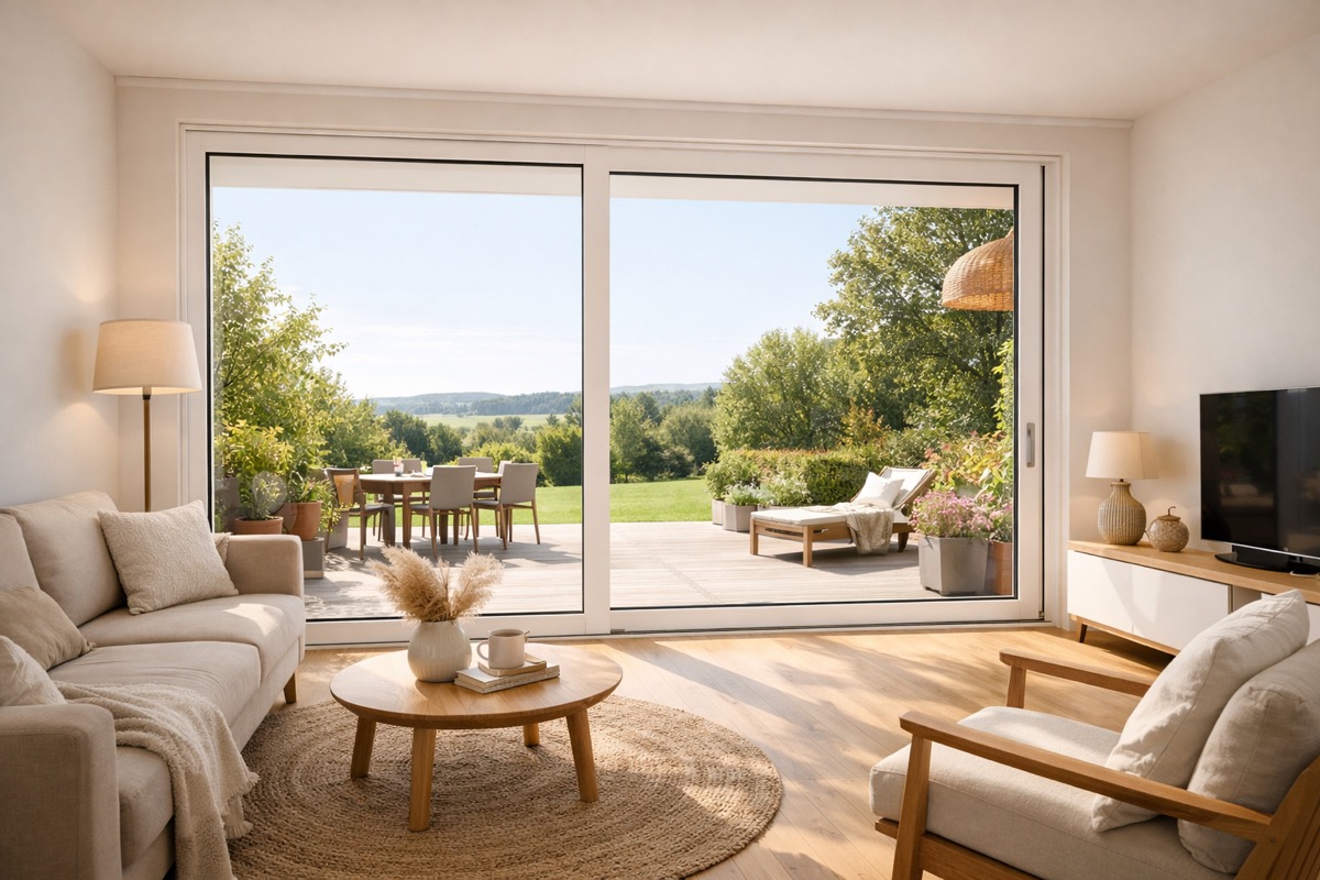 Helles Wohnzimmer mit großen Fenstern und Blick auf die Terrasse
