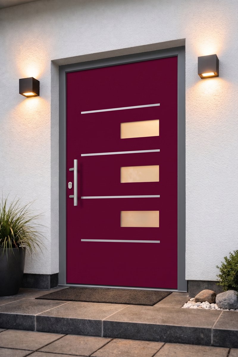 Moderne Haustür in Bordeaux mit Edelstahlelementen