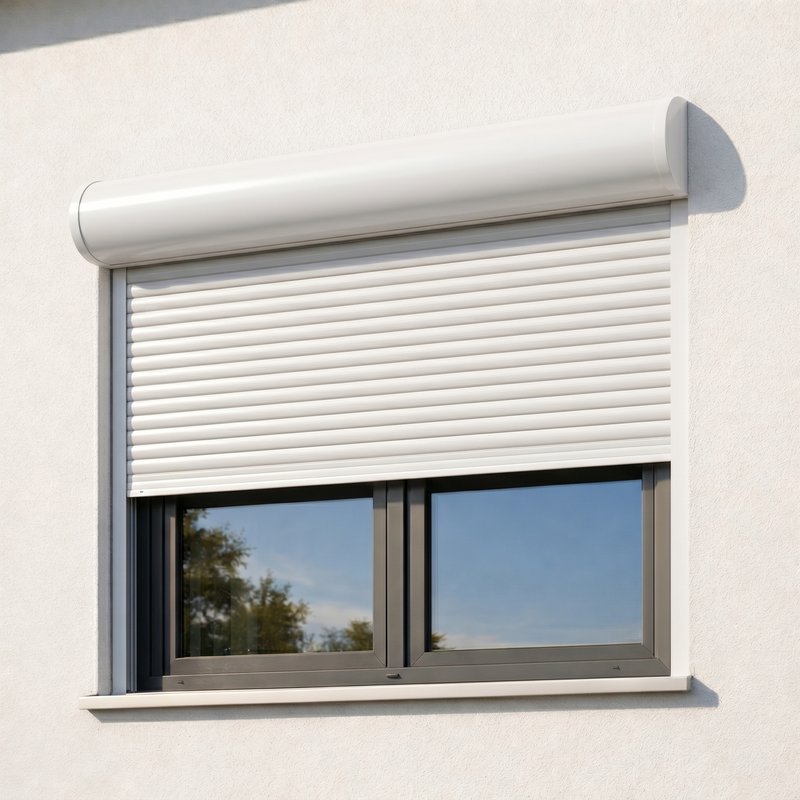 Weißer Rollladen an einer Hausfassade – halb geöffnet